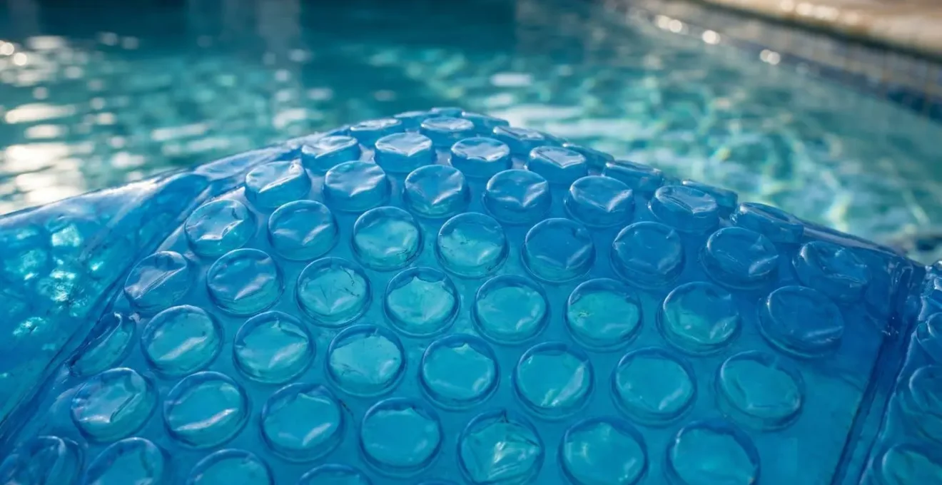 Gros plan sur texture bâche à bulles bleue montrant alvéoles d'air en relief, matériau polymère translucide, reflets eau turquoise en arrière-plan flou