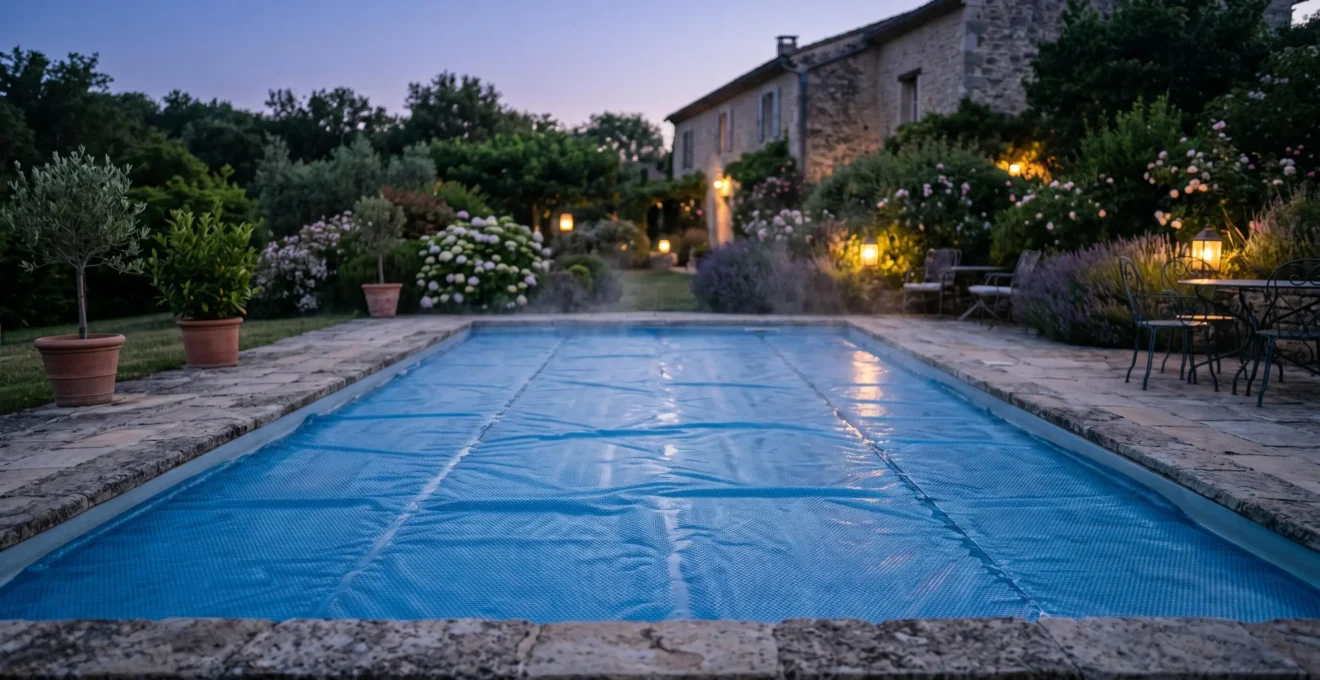 Piscine résidentielle entièrement couverte de bâche à bulles bleue au crépuscule, légère vapeur visible en surface, éclairage ambiance jardin, ciel bleu-violet, margelles pierre naturelle