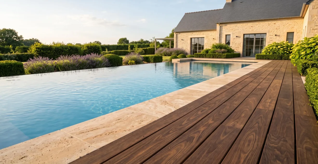 Piscine à débordement avec margelles en travertin beige et plages en bois Ipé brun foncé, intégrée dans un jardin paysager français avec végétation taillée et résidence contemporaine à toit d'ardoise en arrière-plan, photographiée en lumière dorée de fin d'après-midi