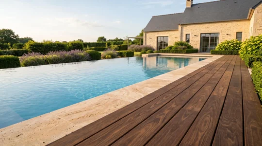Piscine à débordement avec margelles en travertin beige et plages en bois Ipé brun foncé, intégrée dans un jardin paysager français avec végétation taillée et résidence contemporaine à toit d'ardoise en arrière-plan, photographiée en lumière dorée de fin d'après-midi