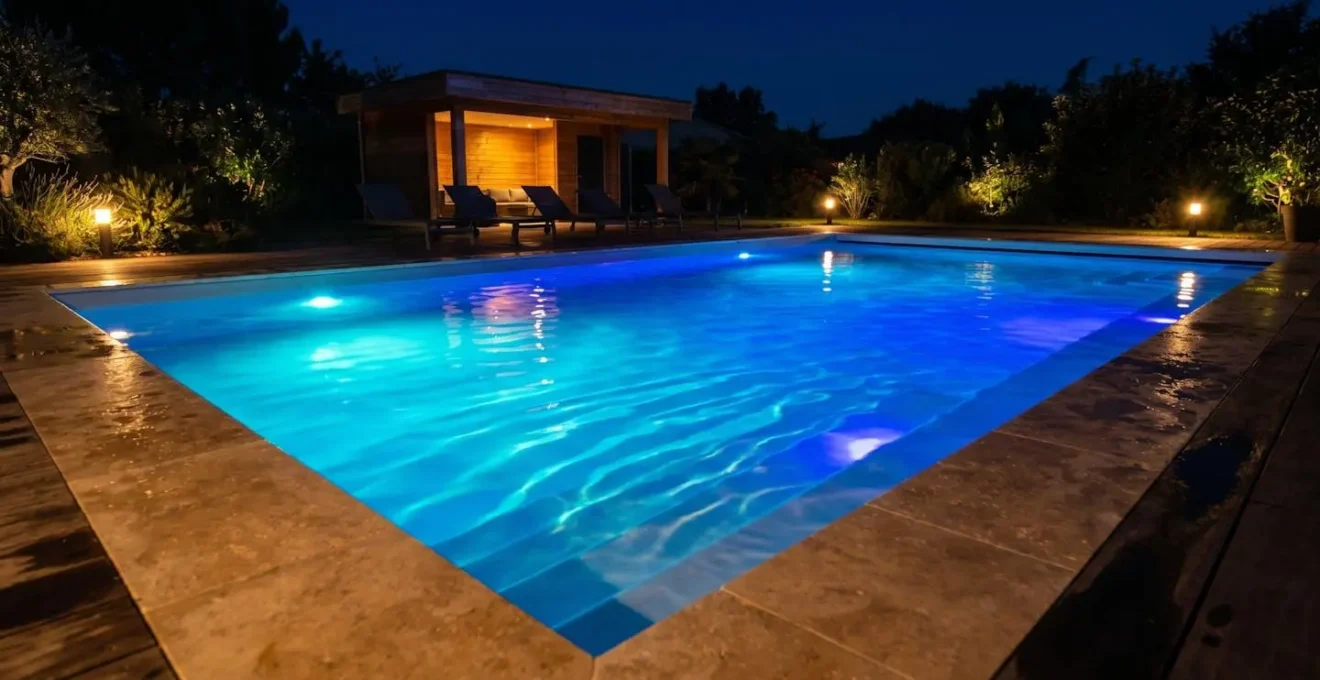 Piscine de nuit illuminée par système d'éclairage LED chromatique diffusant des tons bleu cyan électrique à travers l'eau, avec reflets lumineux sur margelles travertin et plages bois, éclairage paysager périphérique discret