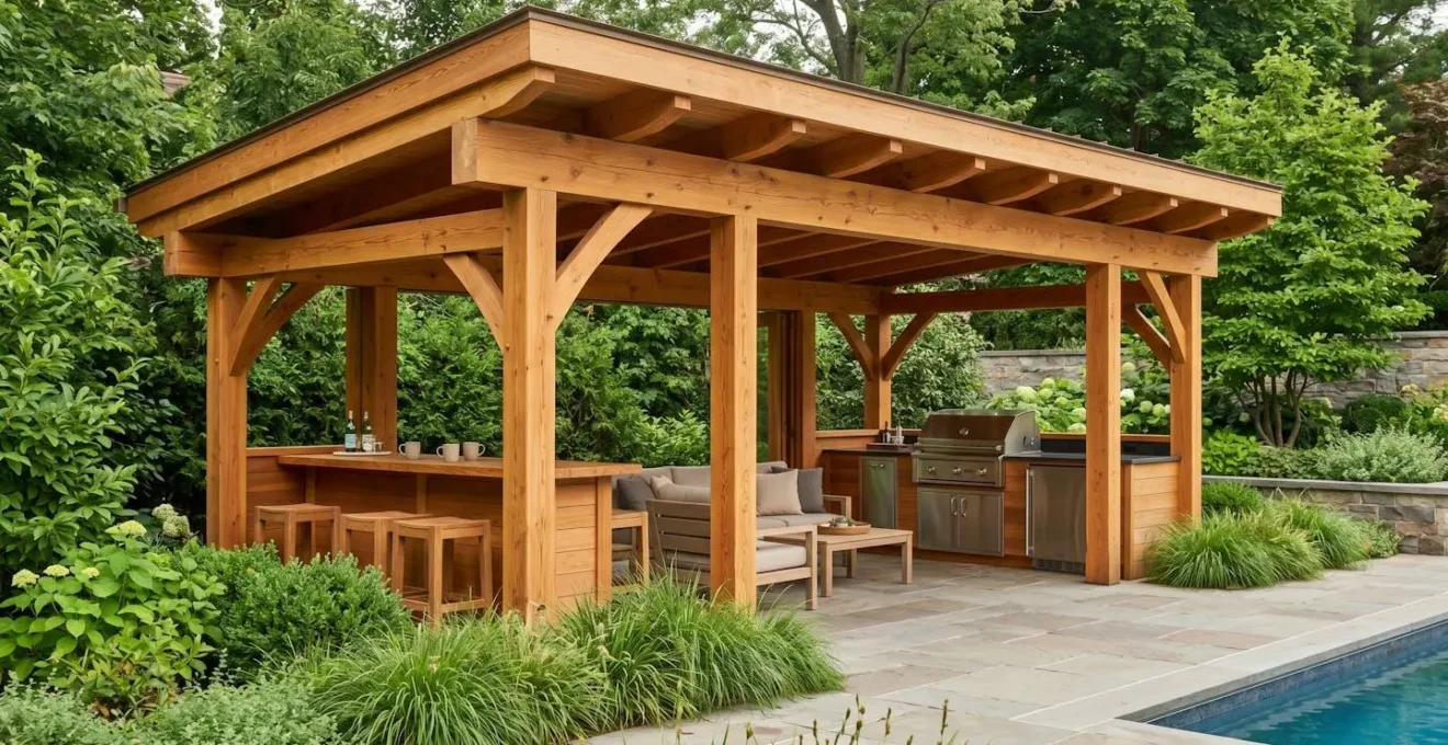 Pool house moderne en bois Douglas avec façade ouverte montrant un comptoir bar en bois massif, une cuisine d'été équipée en inox et bois, et un espace lounge, intégré dans un jardin paysager français à proximité d'une piscine
