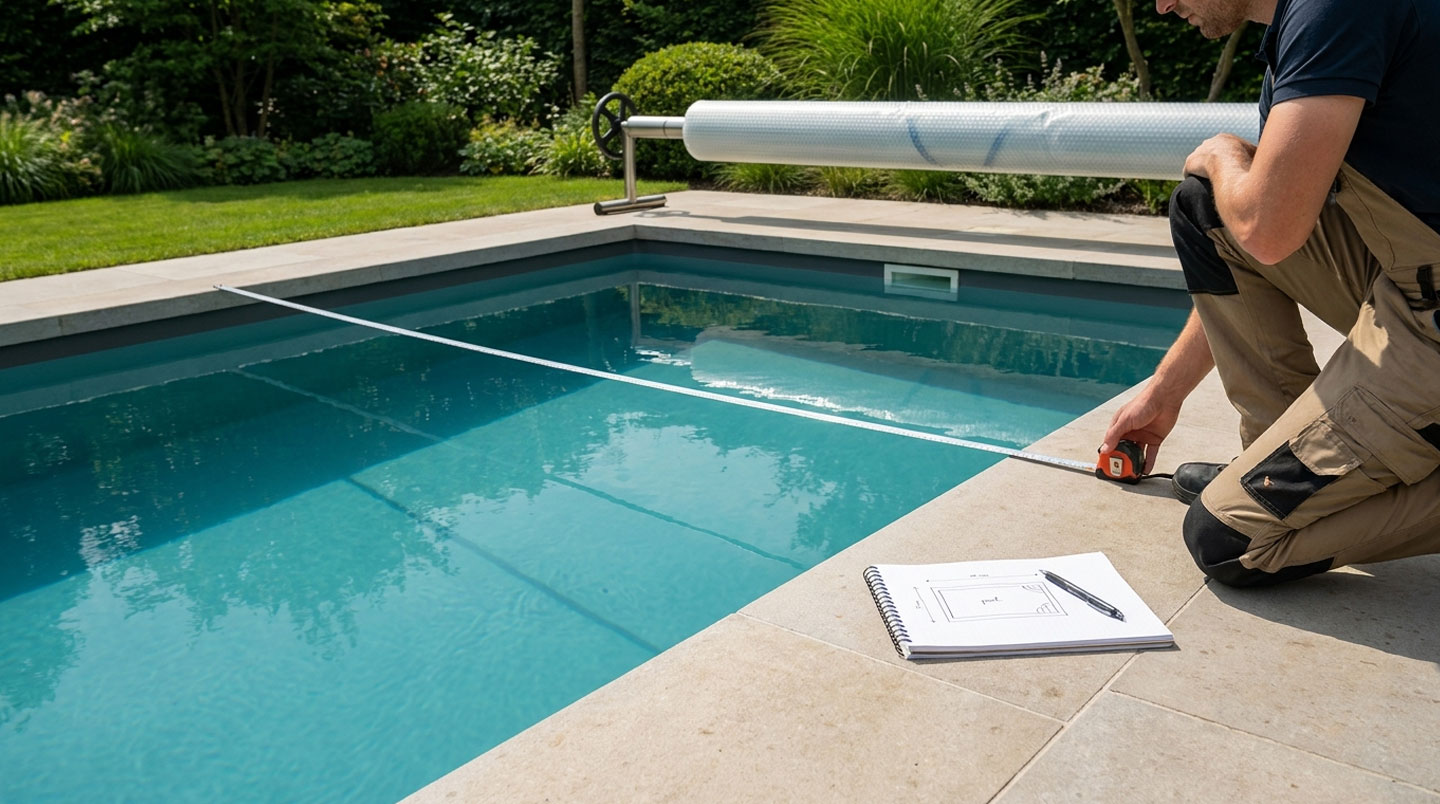 Femme mesurant largeur piscine coque avec mètre ruban jaune, agenouillée sur margelles, enrouleur bâche visible à proximité, jardin résidentiel français, lumière naturelle