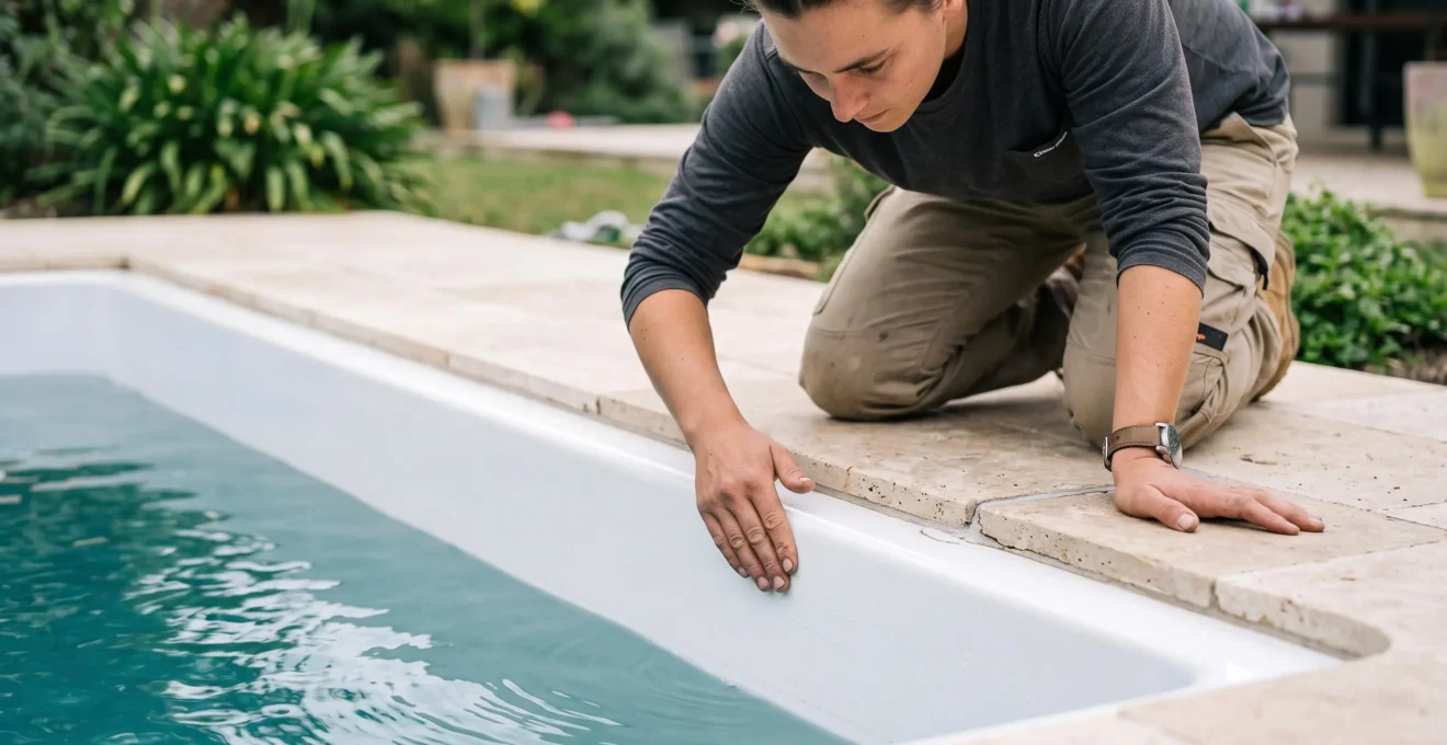 Personne inspectant de près la surface lisse d'une coque de piscine en polyester au niveau de la margelle en pierre.