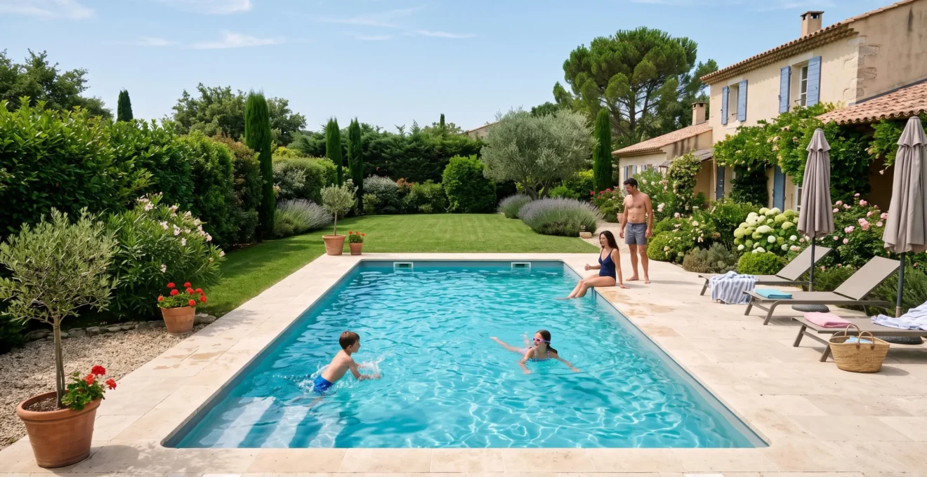 Famille profitant d'une piscine à coque en polyester installée dans un jardin résidentiel français avec terrasse en pierre et eau turquoise.