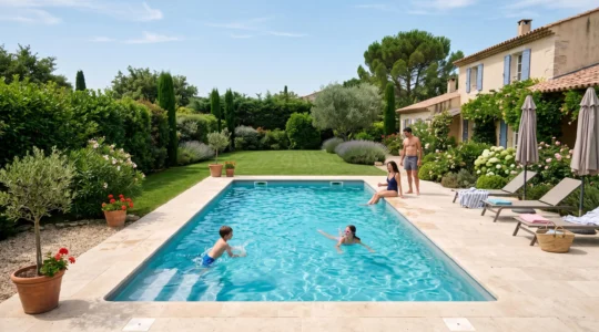 Famille profitant d'une piscine à coque en polyester installée dans un jardin résidentiel français avec terrasse en pierre et eau turquoise.